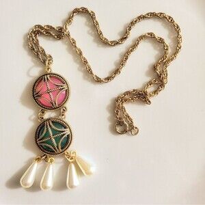 Vintage Gold Tone Pendant Necklace with Faux Pearls + Upcycled Golden Girl Tin